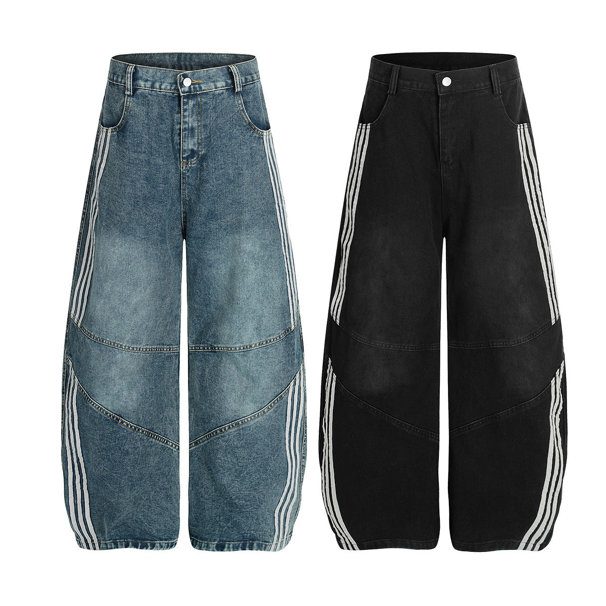 Deconstructed Three-Stripe Curved Wide Leg Denim Jeans