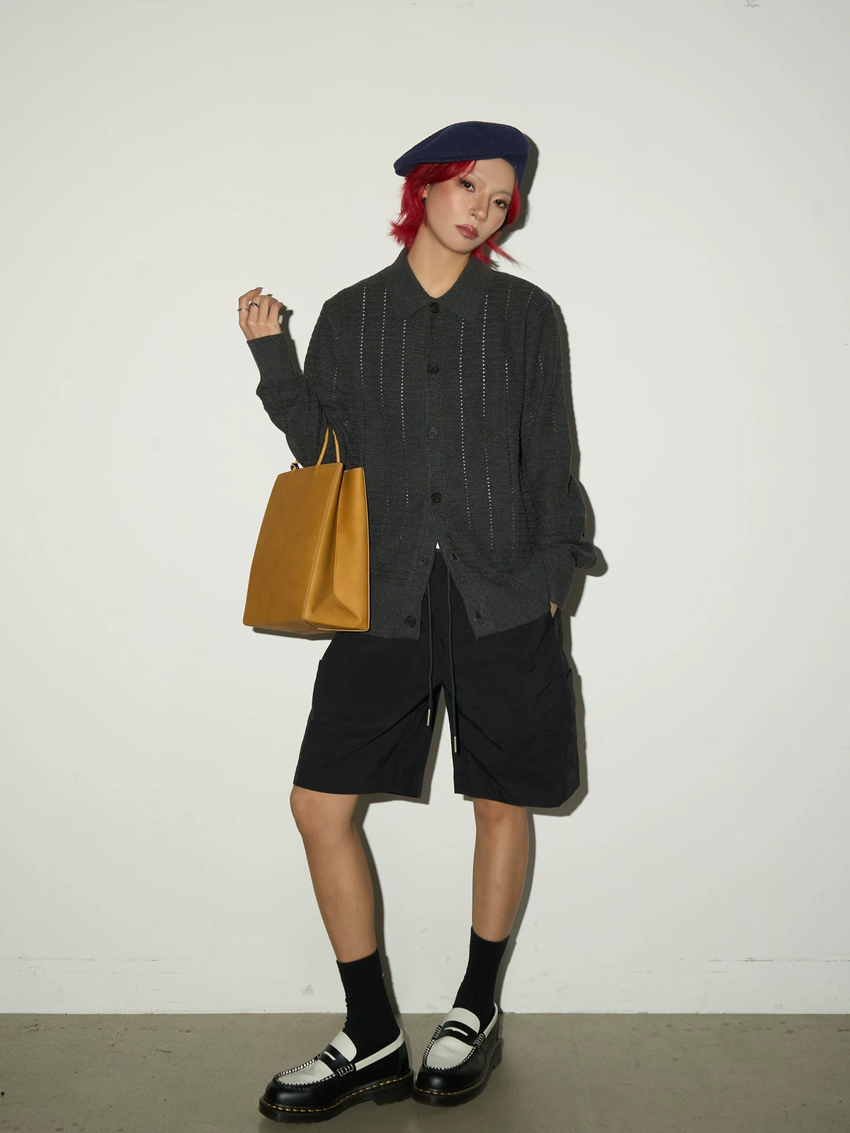 Hollow Textured Lapel Knit Cardigan