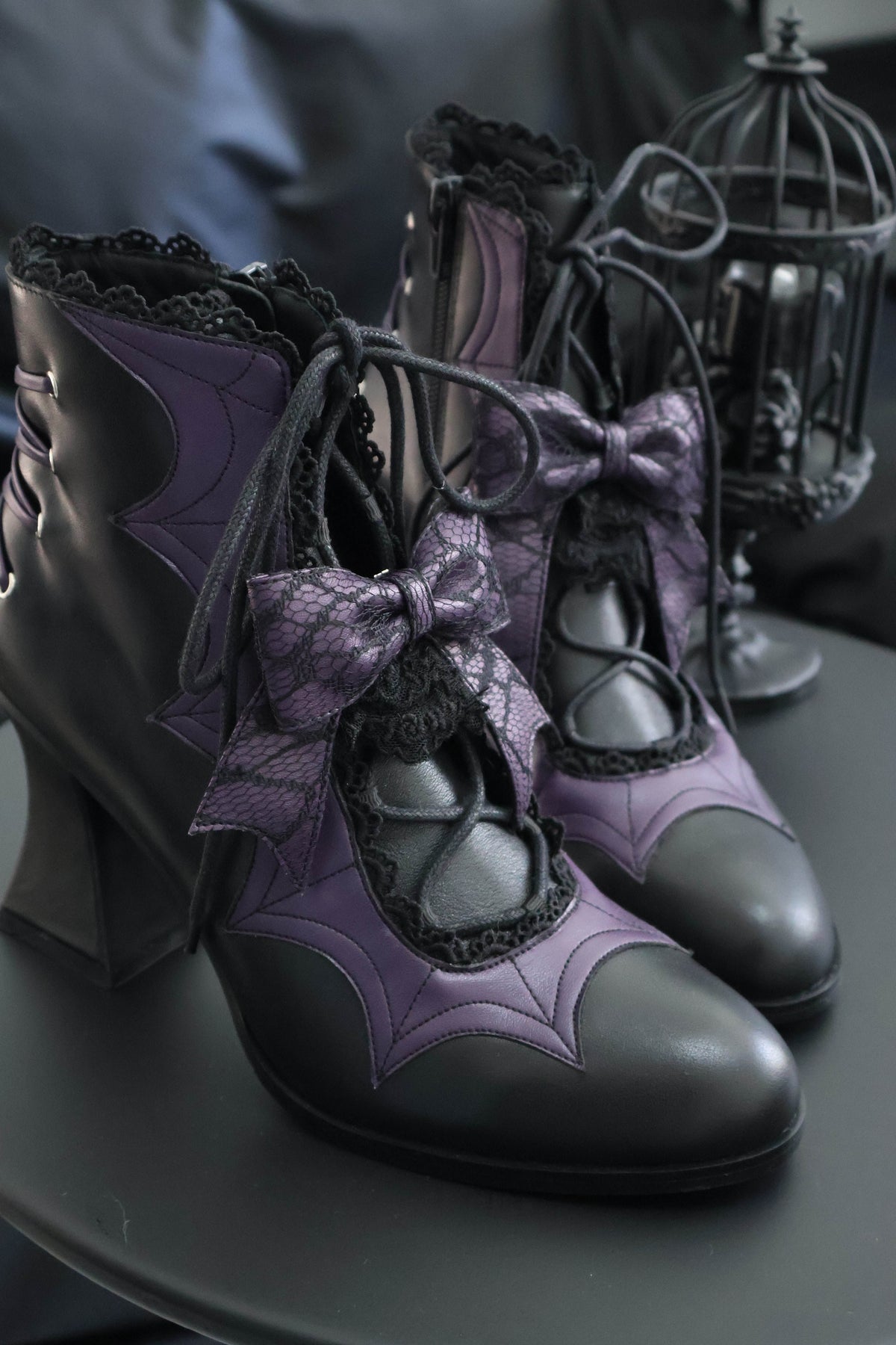 Lace Bow Purple Spider Web Ankle Boots