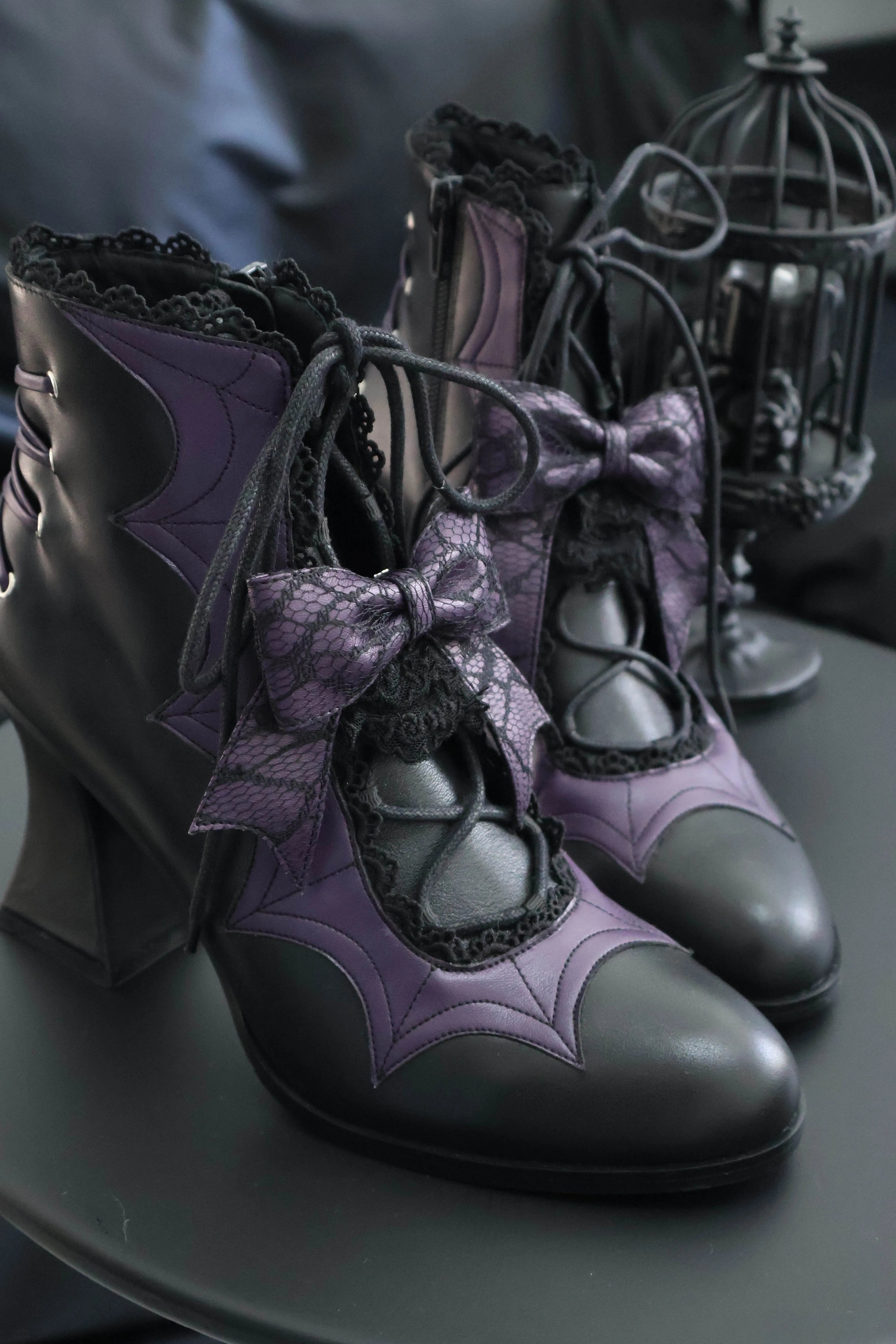 Lace Bow Purple Spider Web Ankle Boots