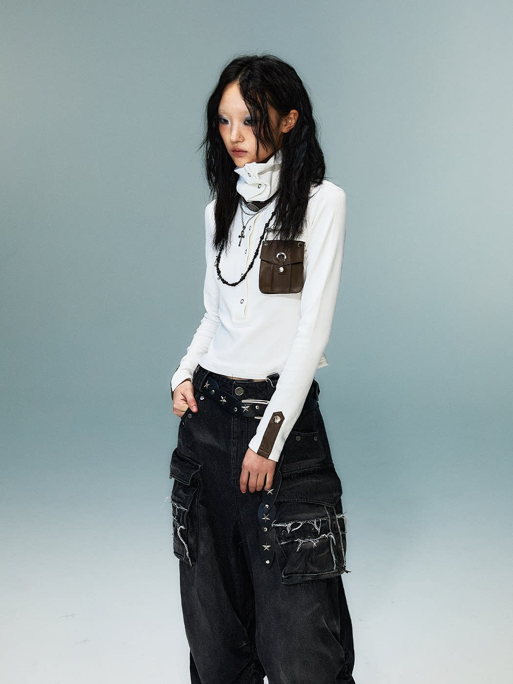 High-Neck Convertible Slim Knit Long Sleeve Shirt