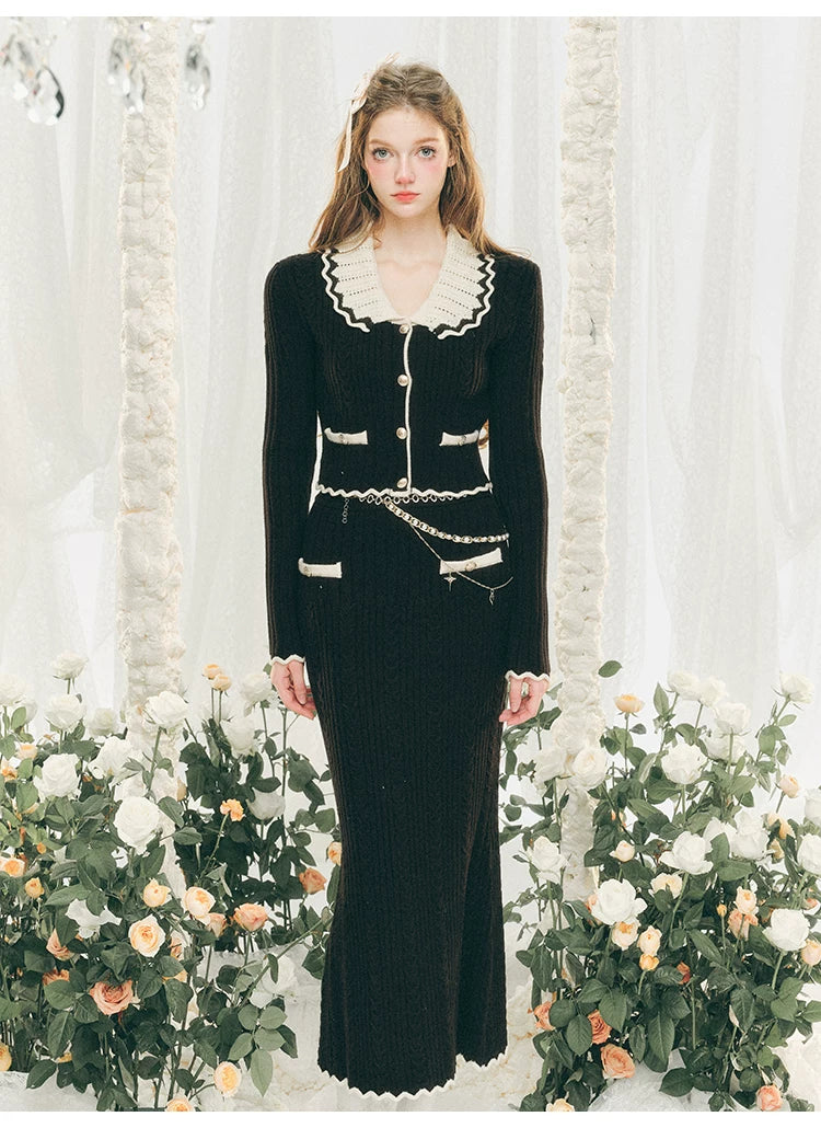 Ensemble cardigan en tricot à grand col et jupe moulante
