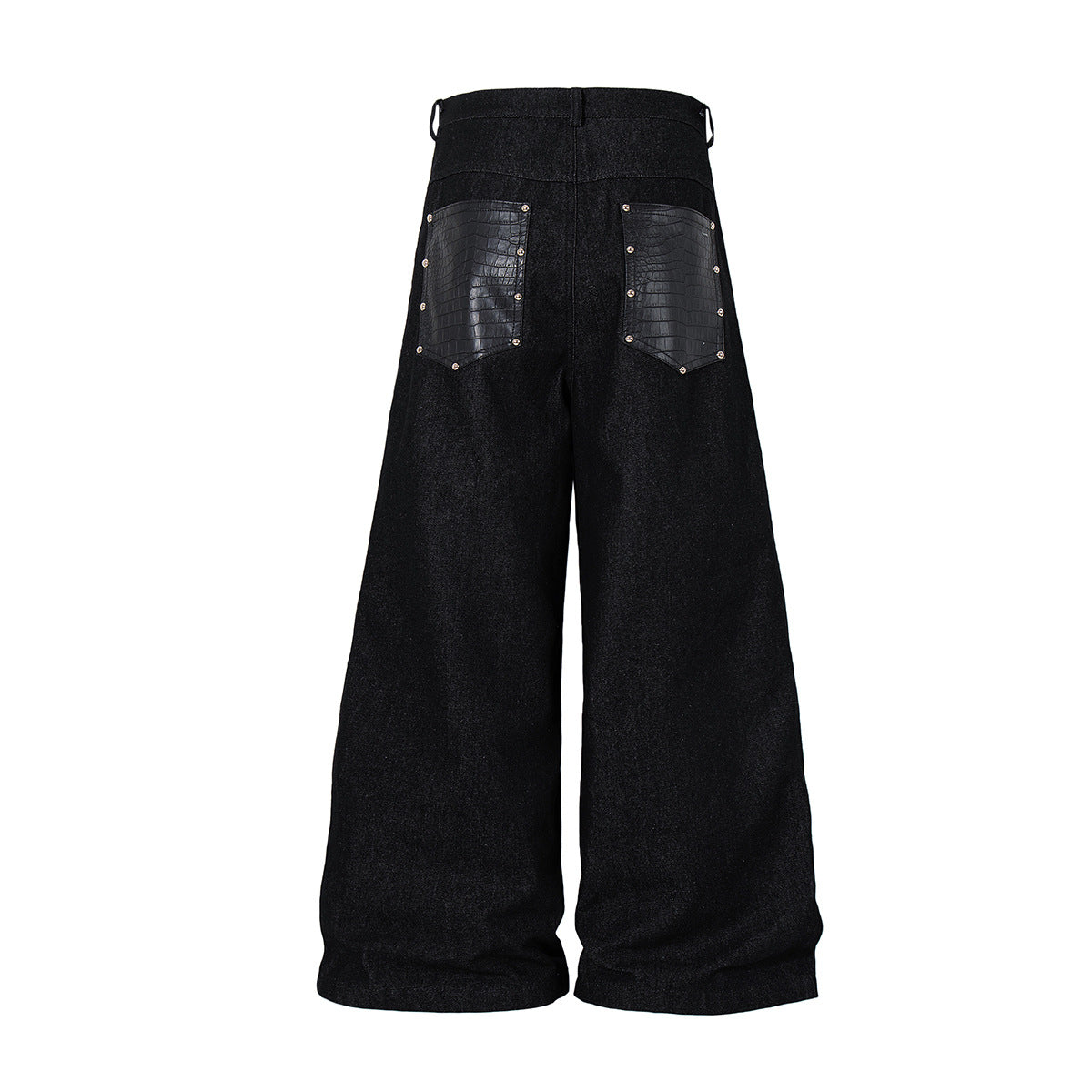 Studs PU Leather Panel Wide Leg Denim Jeans