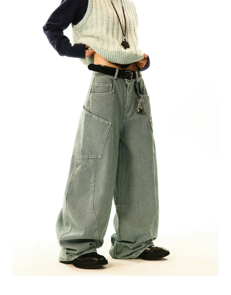 Stripe Pattern Wide Leg Denim Jeans