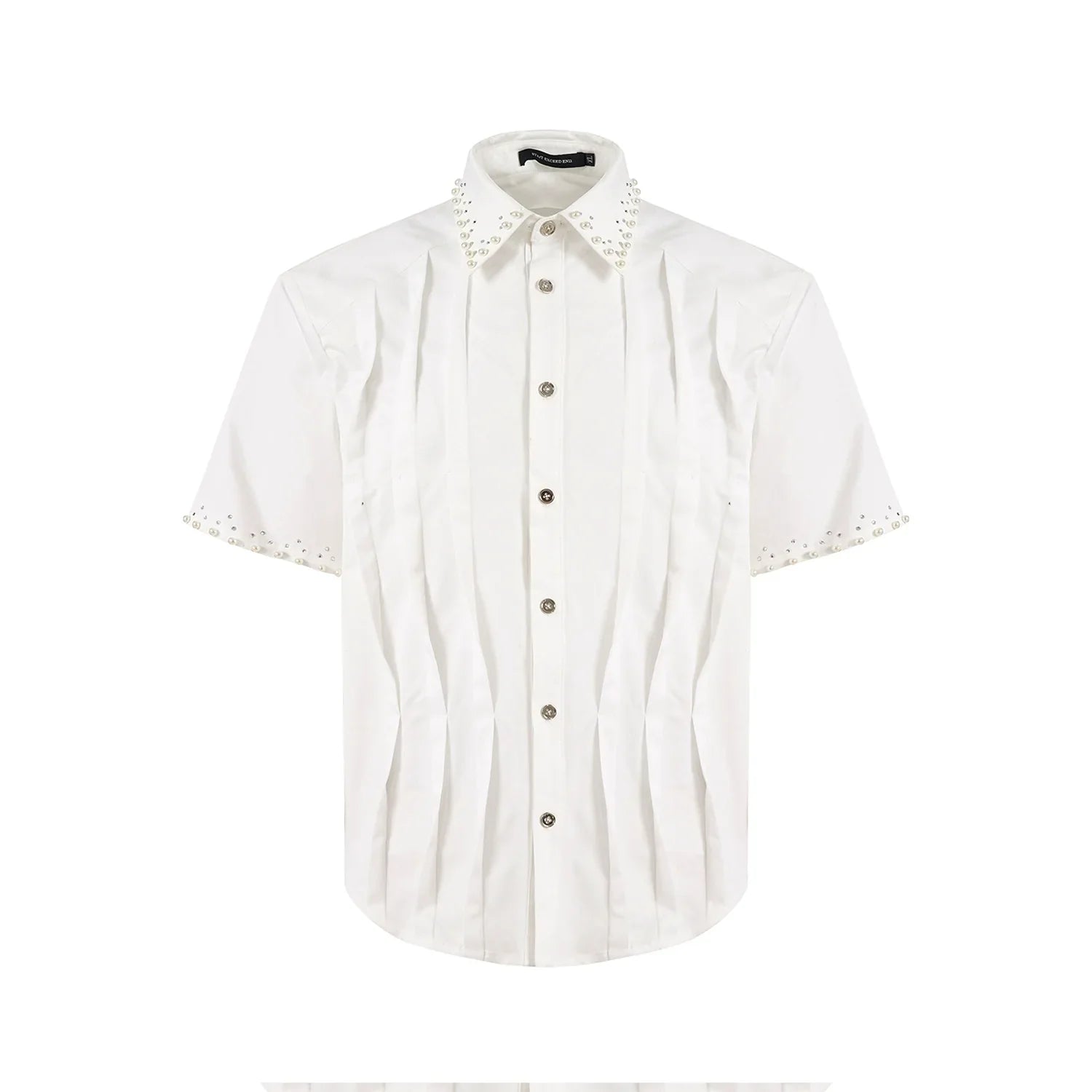 Rhinestone Pearl Pleats Short Sleeve Shirt