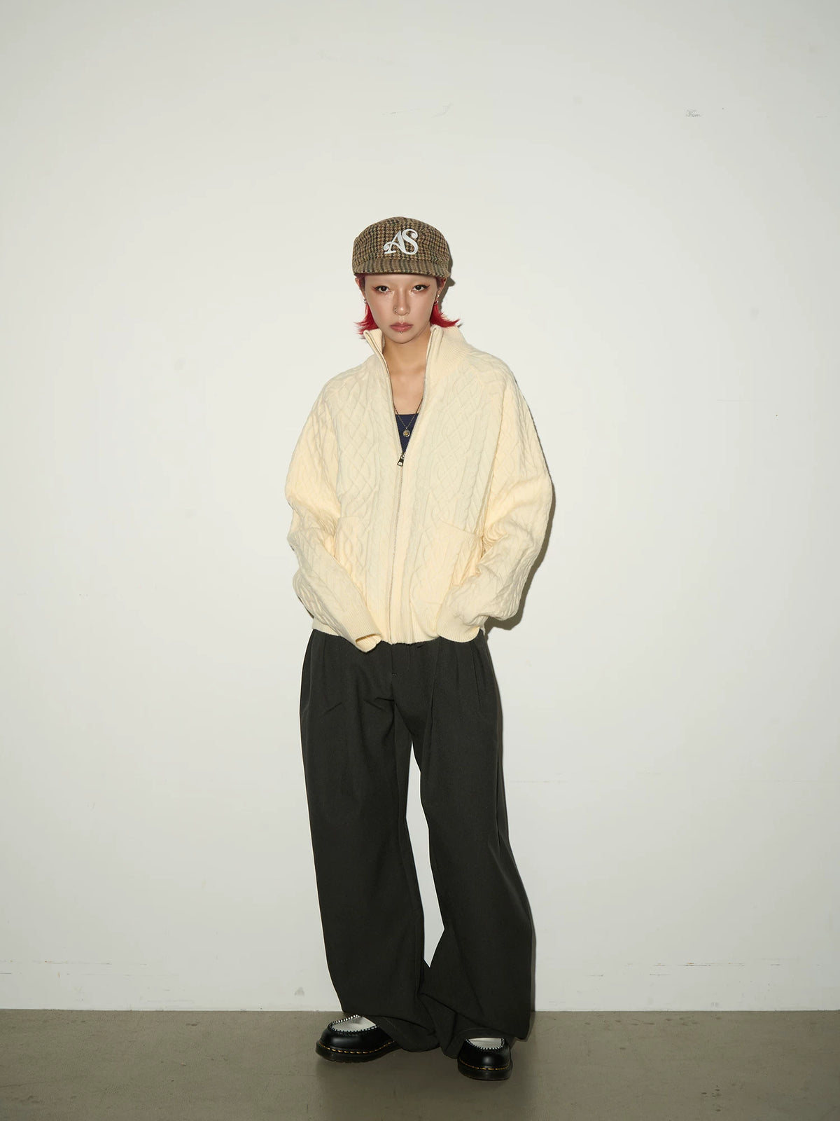 Cable Knit Stand Neck Zipper Knit Cardigan