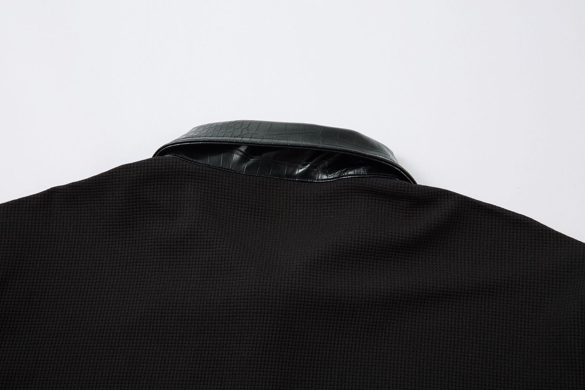 PU Leather Collar Thorn Print Fake Layered Long Sleeve Polo Shirt