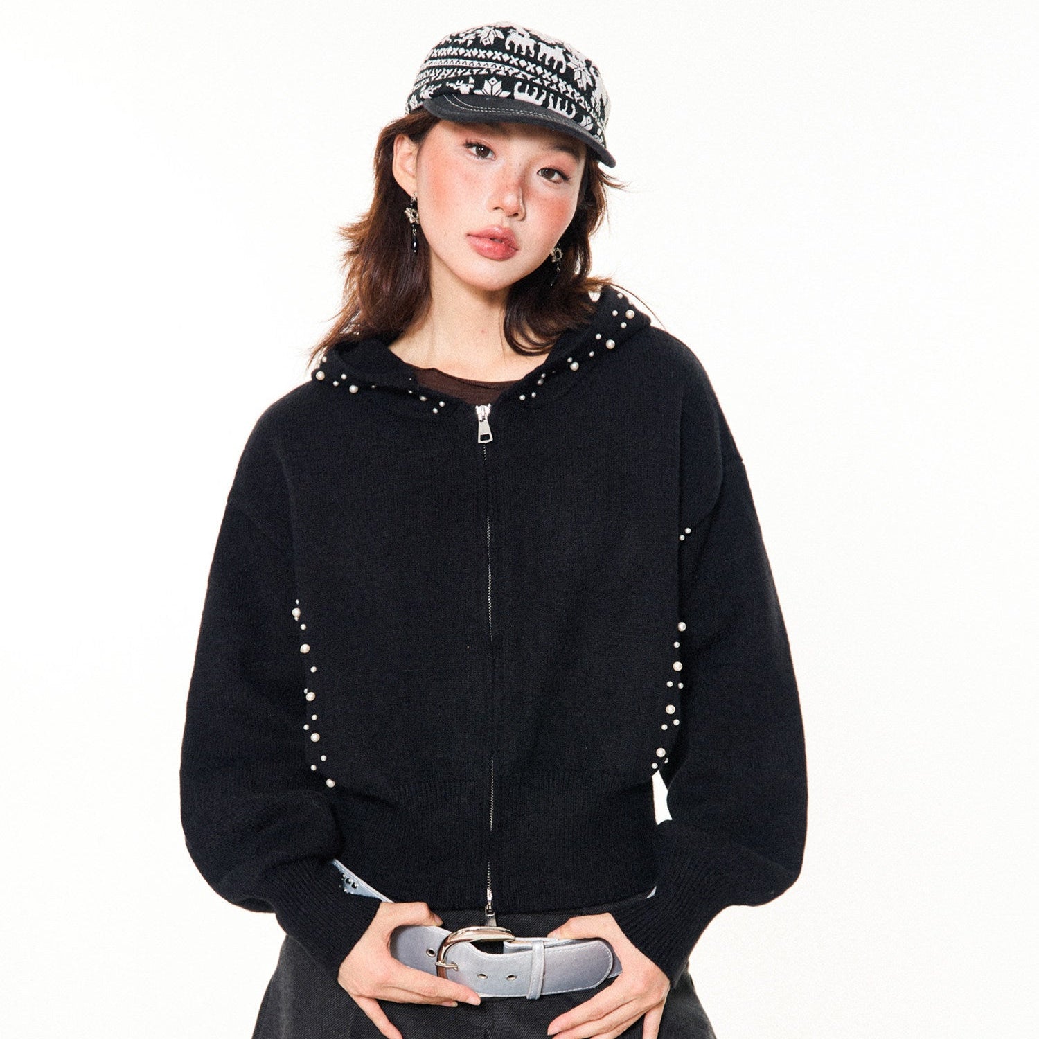 Pearl Embroidery Cropped Zipper Hoodie