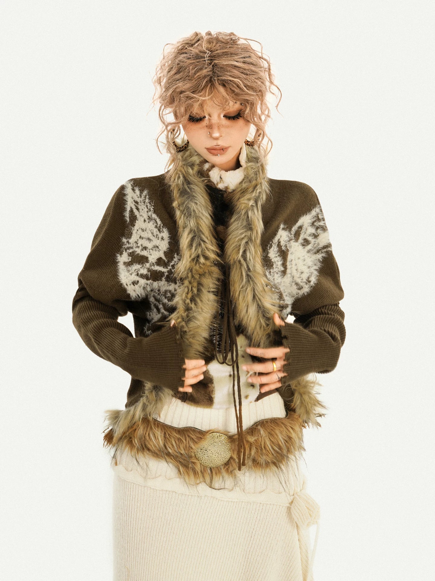Original Design Batwing Sleeve Fake Fur Collar Knit Cardigan