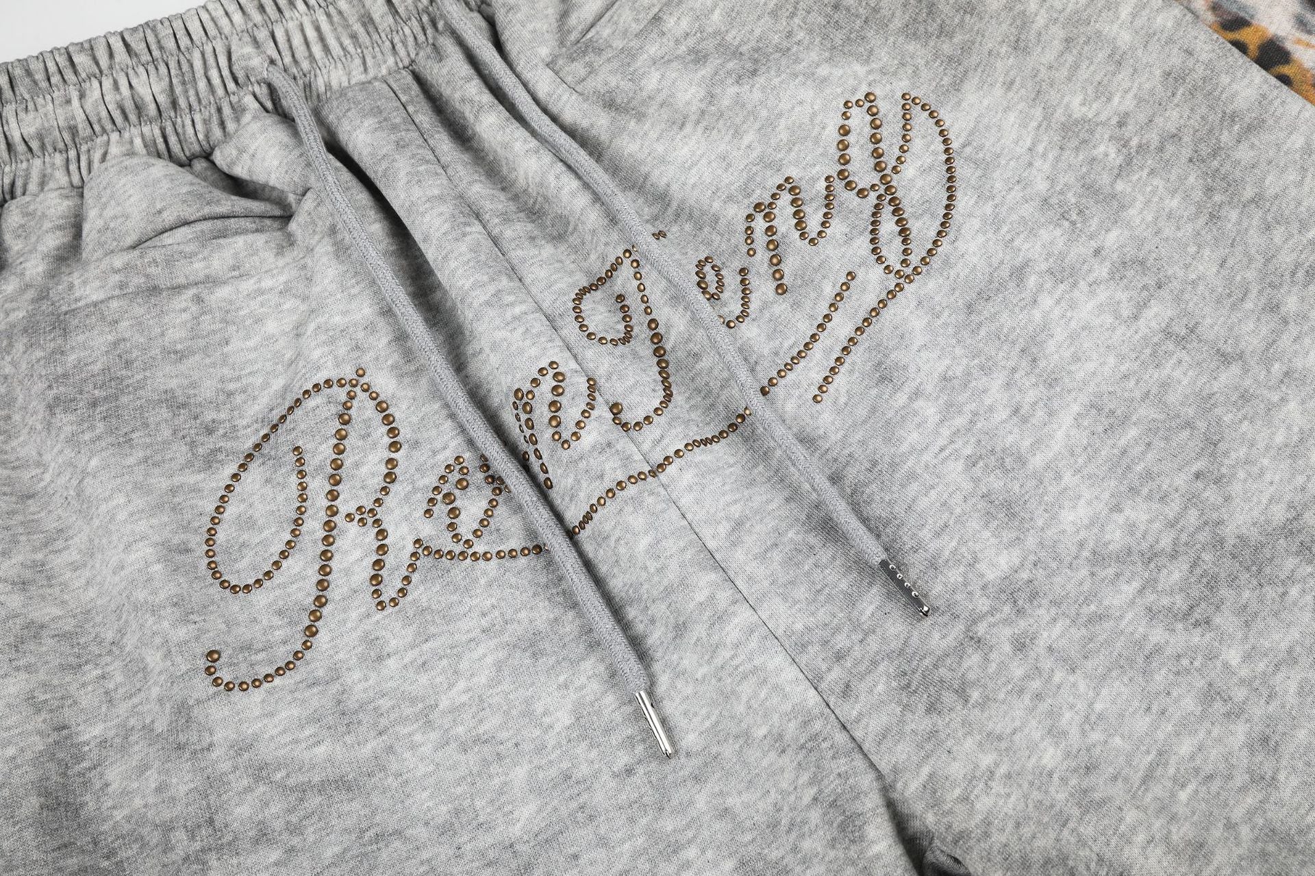Leopard Print Curved Studs Wide Leg Sweatpants