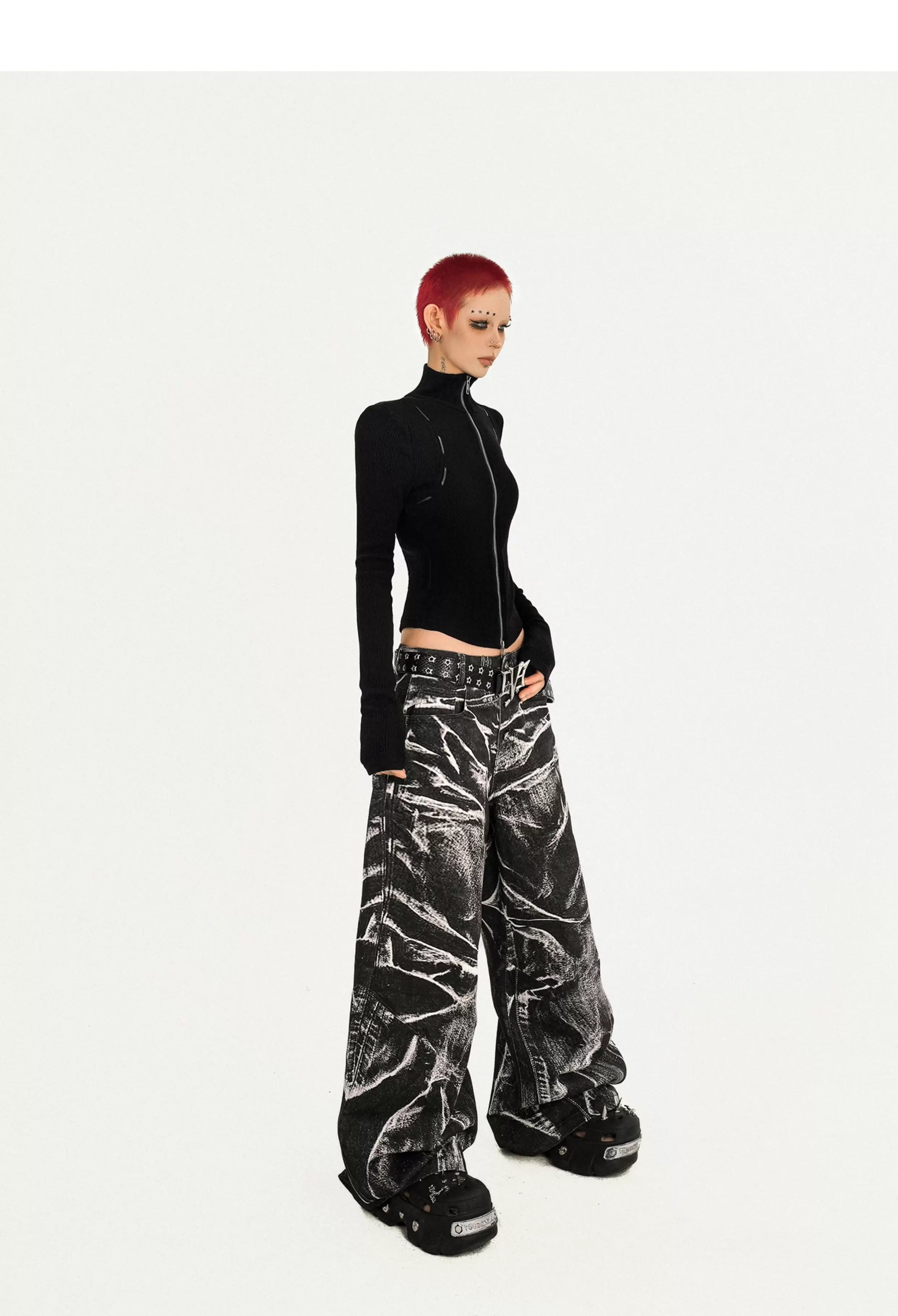 Ripple Pattern Design Wide Leg Denim Jeans