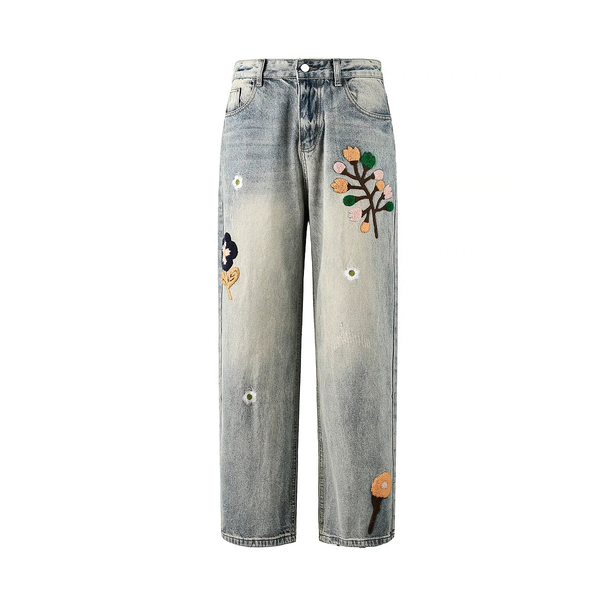 Floral Embroidered Wide-Leg Denim Jeans