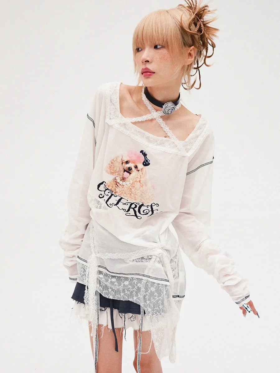 Dog Print Lace-Trim Long Sleeve T-Shirt