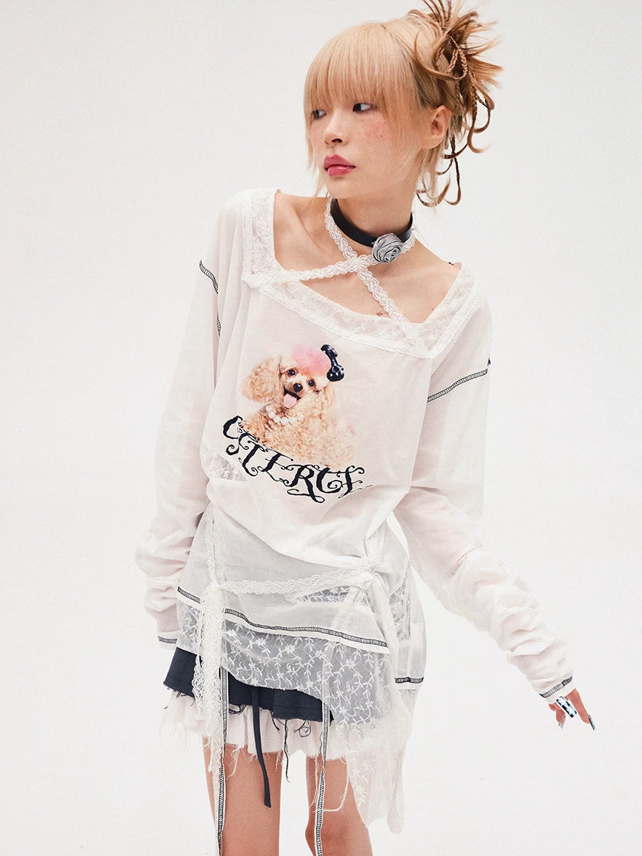 Dog Print Lace-Trim Long Sleeve T-Shirt