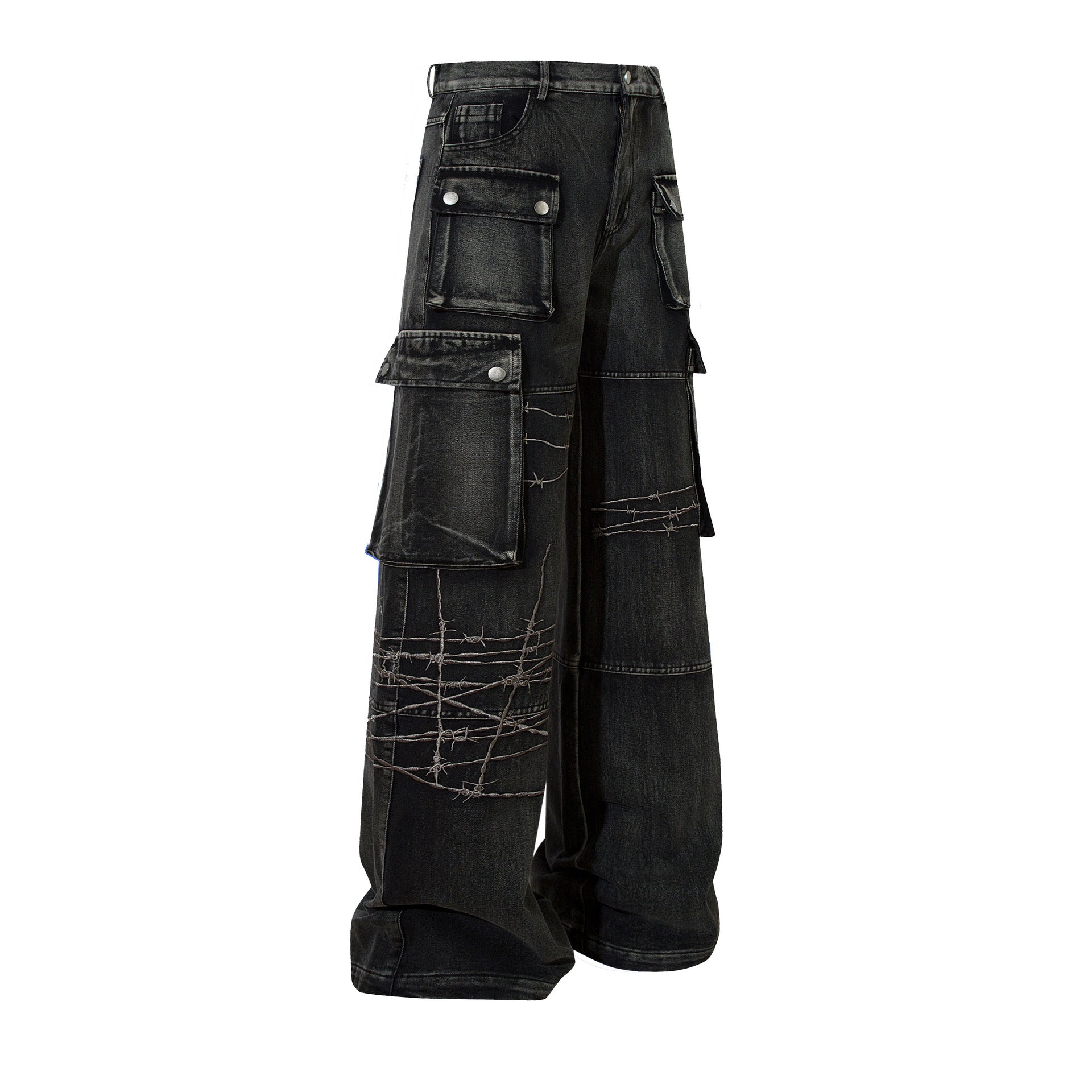 Cargo Pocket Embroidery Wide Leg Denim Jeans