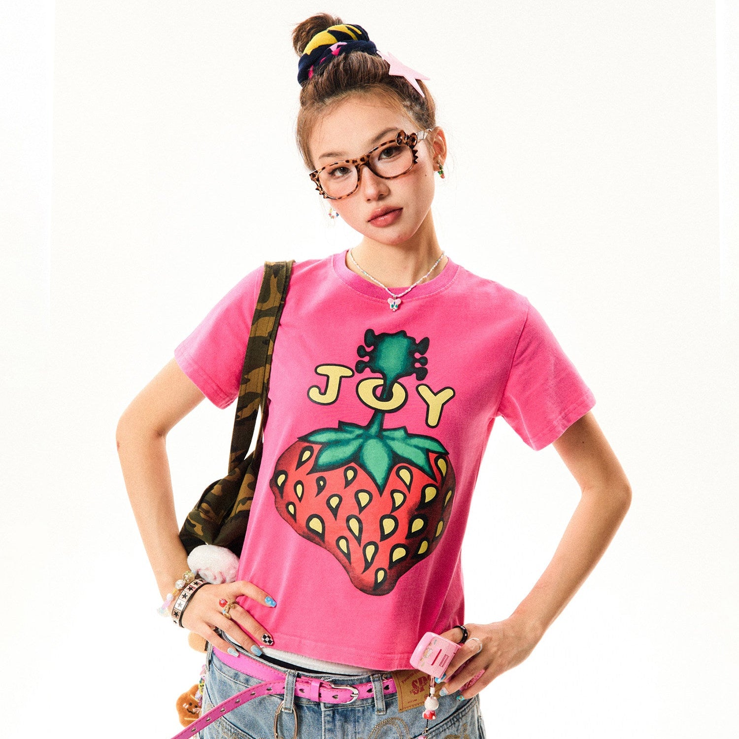 Strawberry Print Cropped Short Sleeve T-Shirt