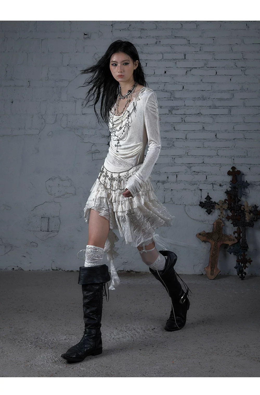 Lace Hooded Asymmetric Ruffle Dress