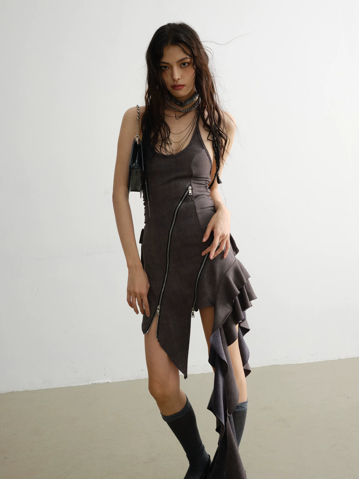 Zipper Decoration Ruffled Edge Dress