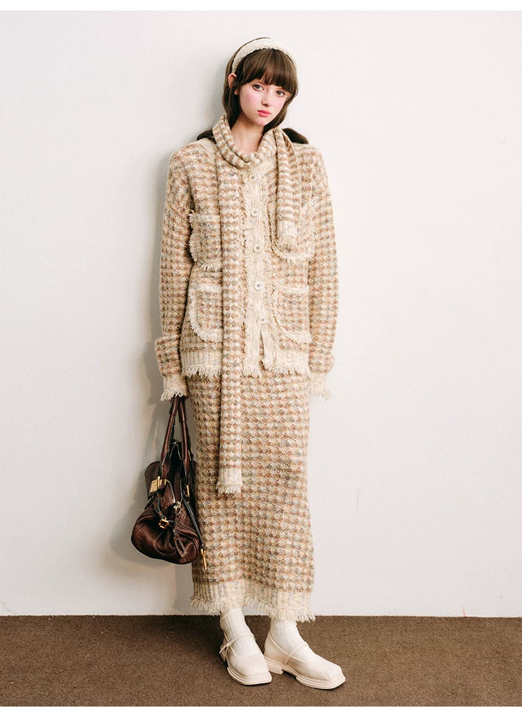 Plaid Button Cardigan & Scarf & Long Skirt Setup