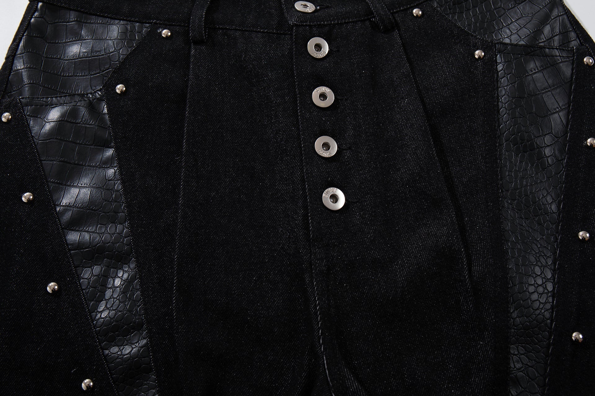 Studs PU Leather Panel Wide Leg Denim Jeans