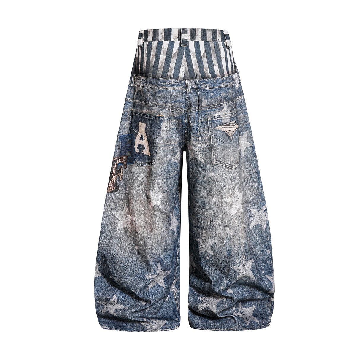 Star Print Fake Layered Curved Wide Leg Denim Jeans