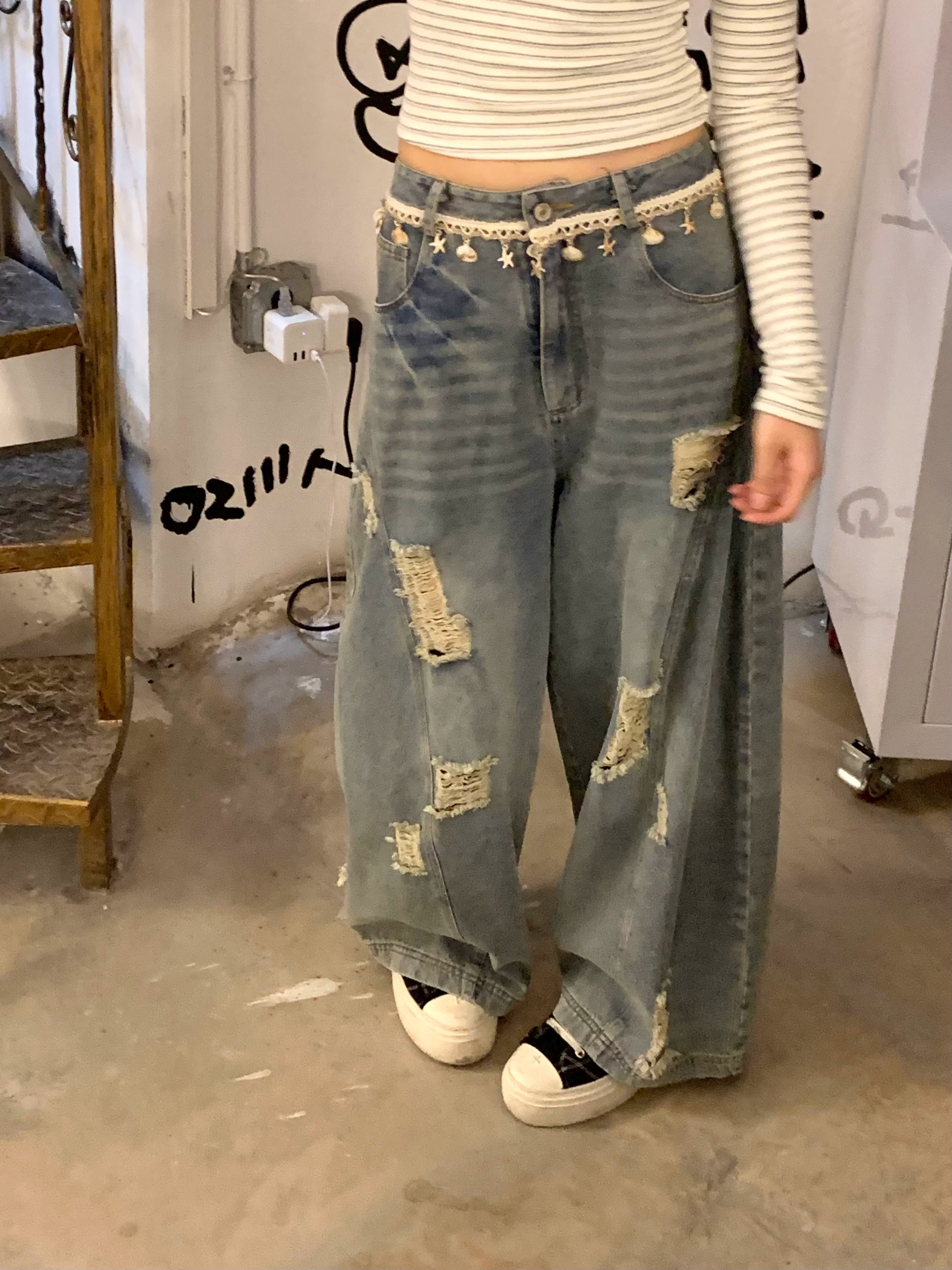 Washed Damage Wide Leg Shell Decoration Denim Jeans