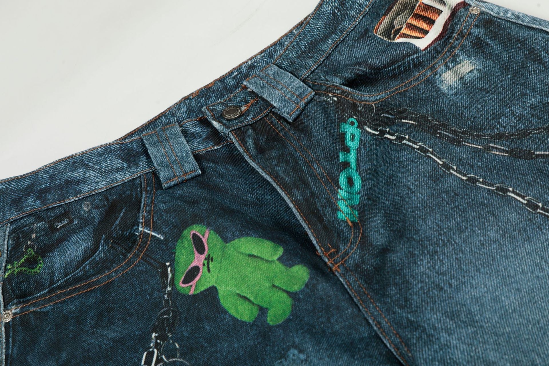 Washed 3D Print Curved Wide Leg Denim Jeans