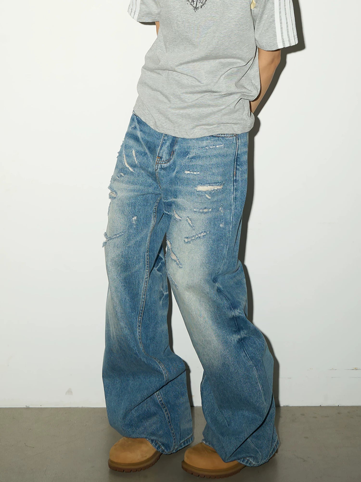 Washed Damage Fade Straight Denim Jeans