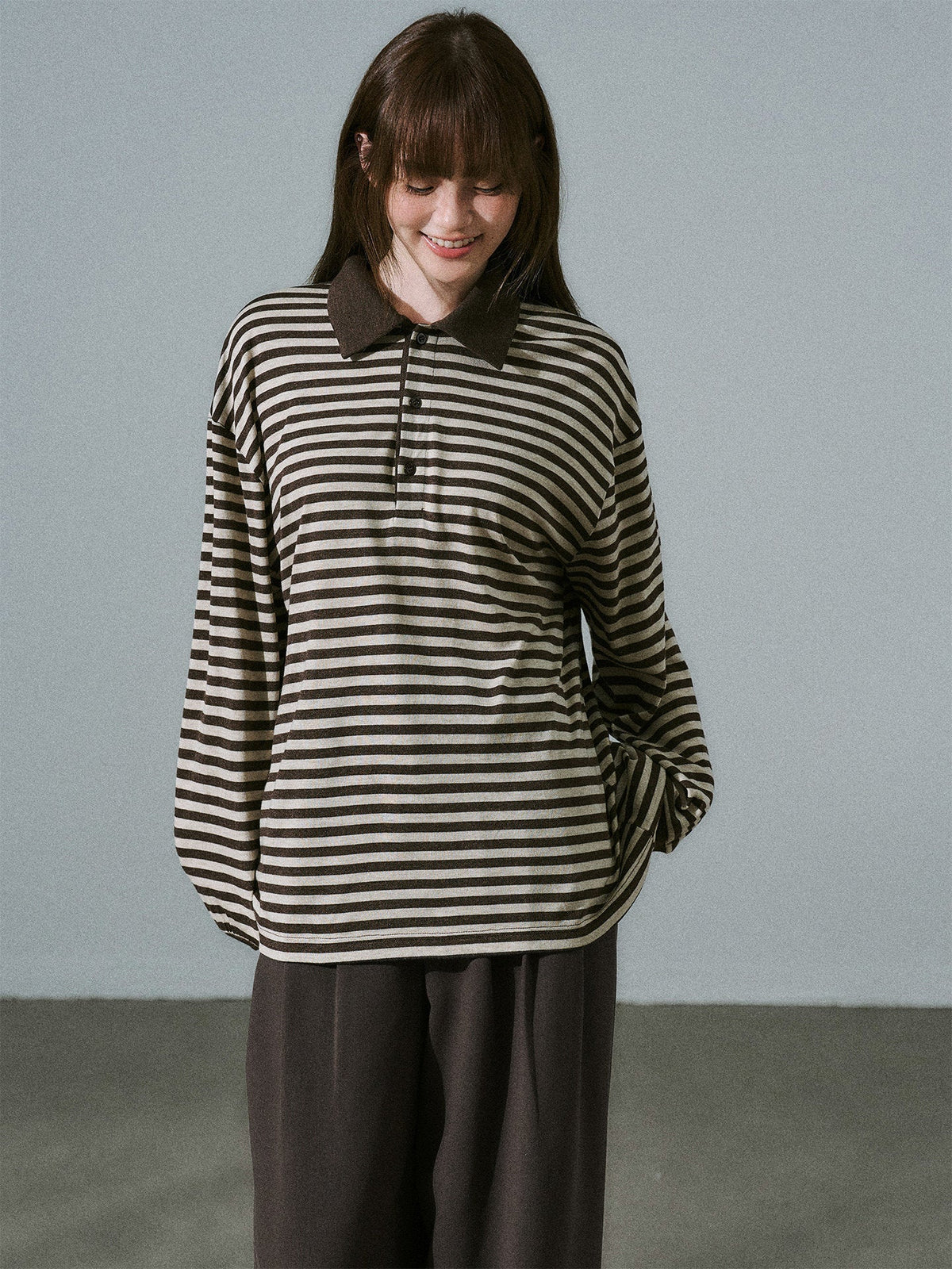 Brown Striped Long Sleeve Polo-Shirt