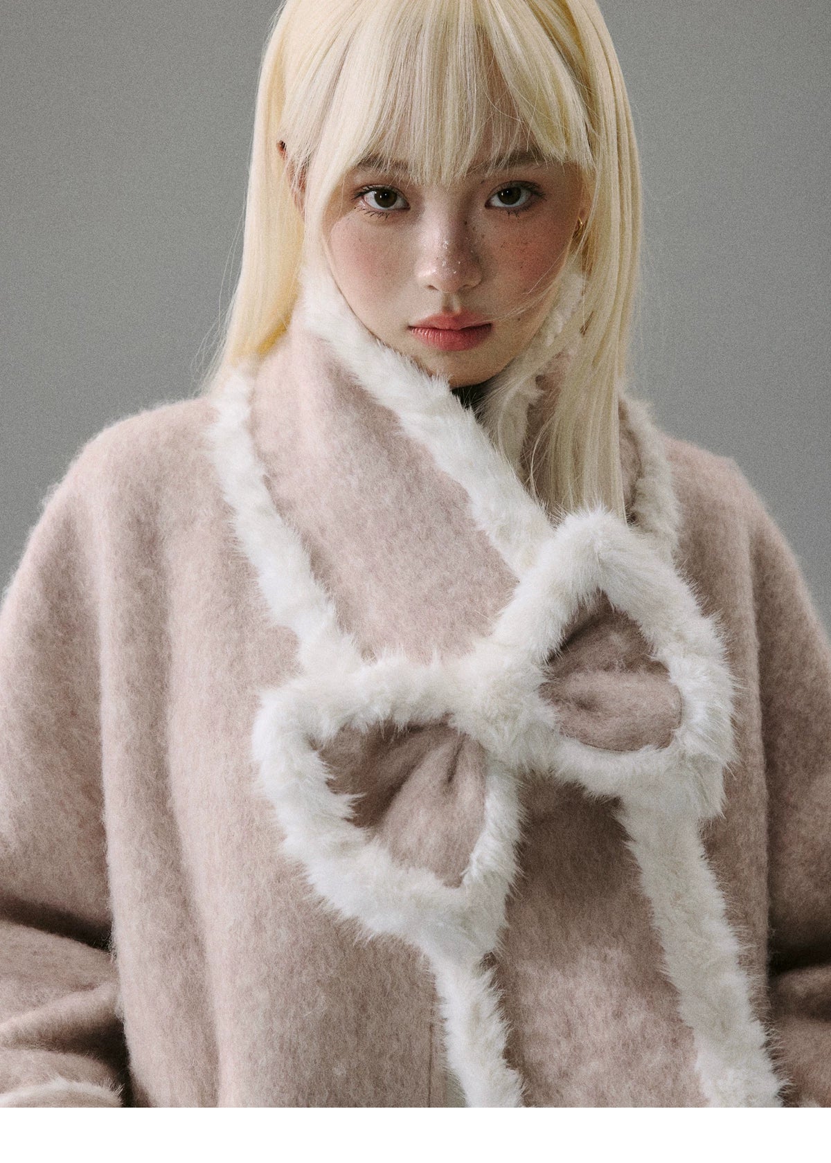 Cherry Blossom Tweed Water Ripple Bow Detachable Scarf Coat