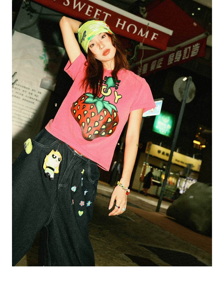 Strawberry Print Cropped Short Sleeve T-Shirt