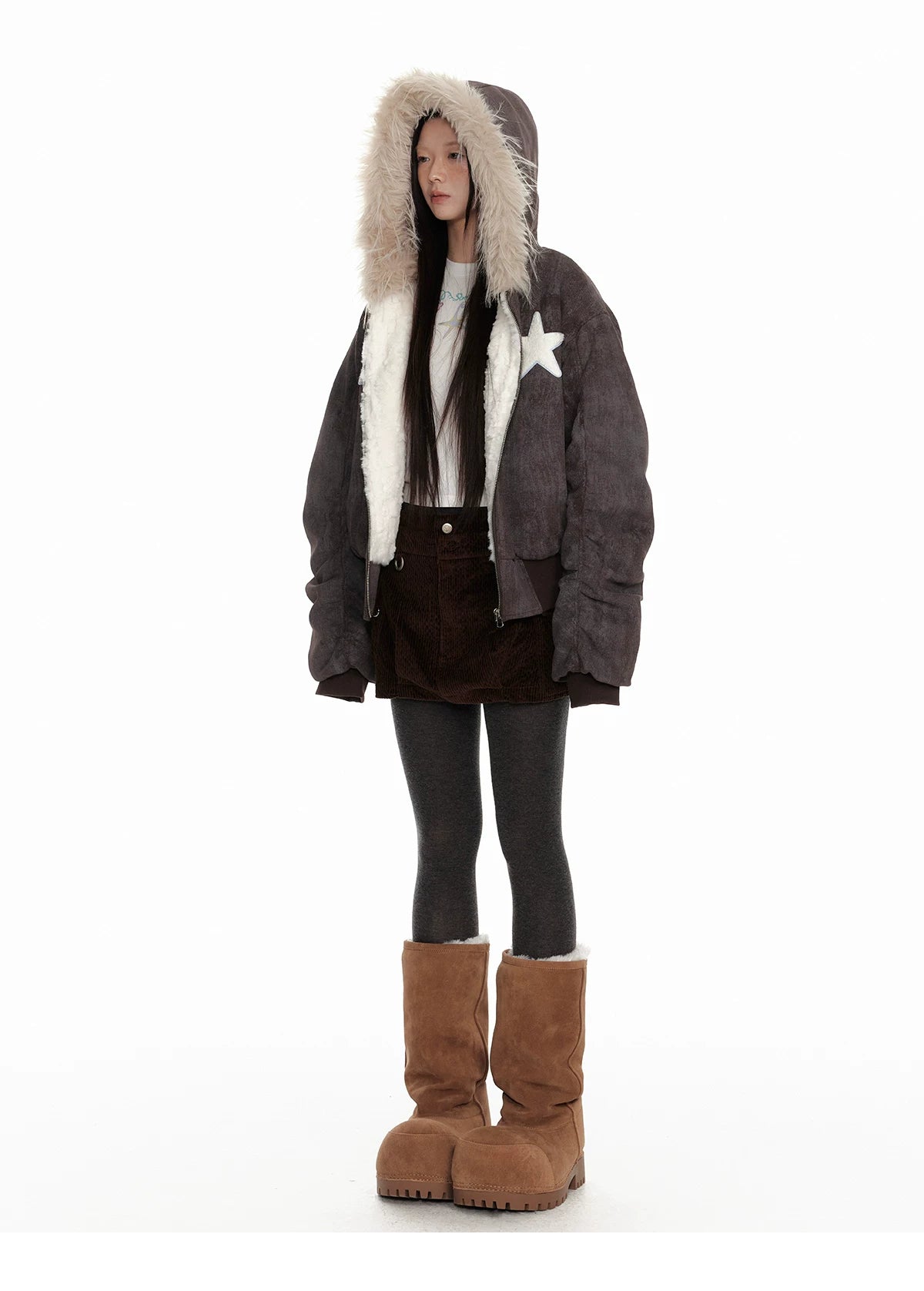 Fur Trim Patchwork Hooded Puffer Jacket
