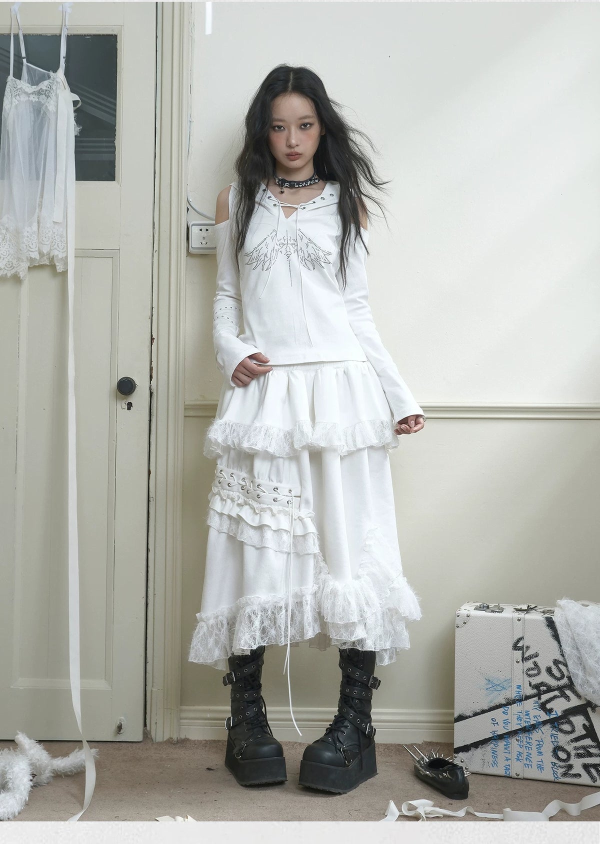 Suede Lace Asymmetrical Tie-Up Layered Long Skirt