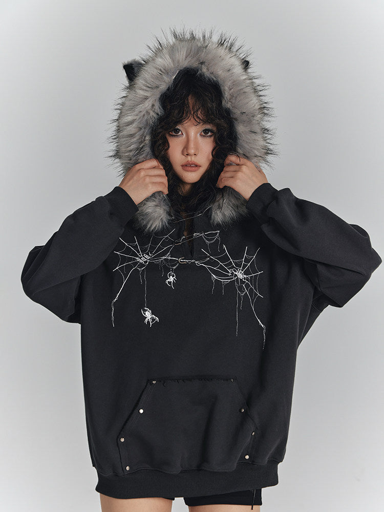 Spider Web Print Fur Collar Cat Ear Oversize Zipper Hoodie