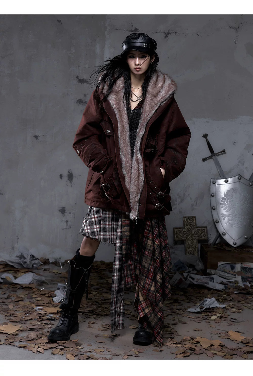 Fake Fur Hooded Multi-Pocket Buckle Detail Jacket
