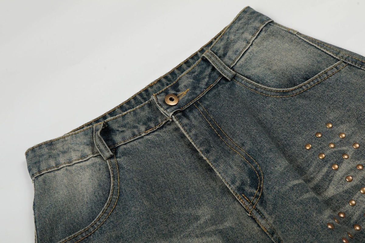 Washed Whisker Cross Studs Wide Leg Denim Jeans