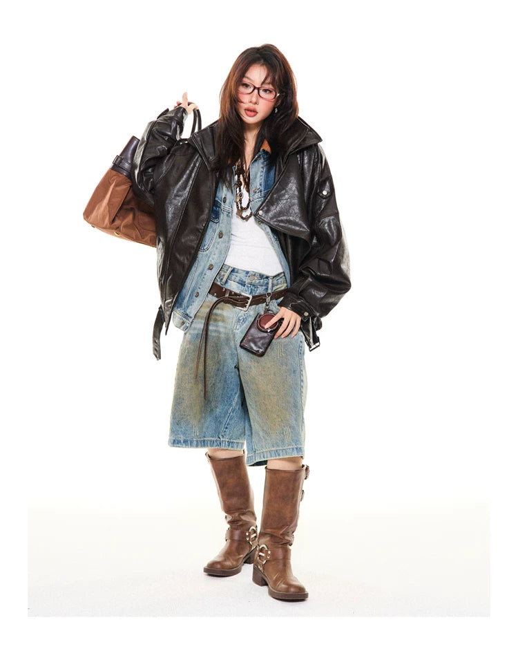 Asymmetrical Stand Collar PU Leather Jacket