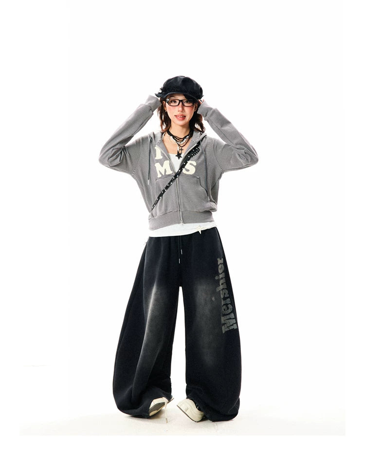 Heart Letter Print Stripe Cropped Zipper Hoodie