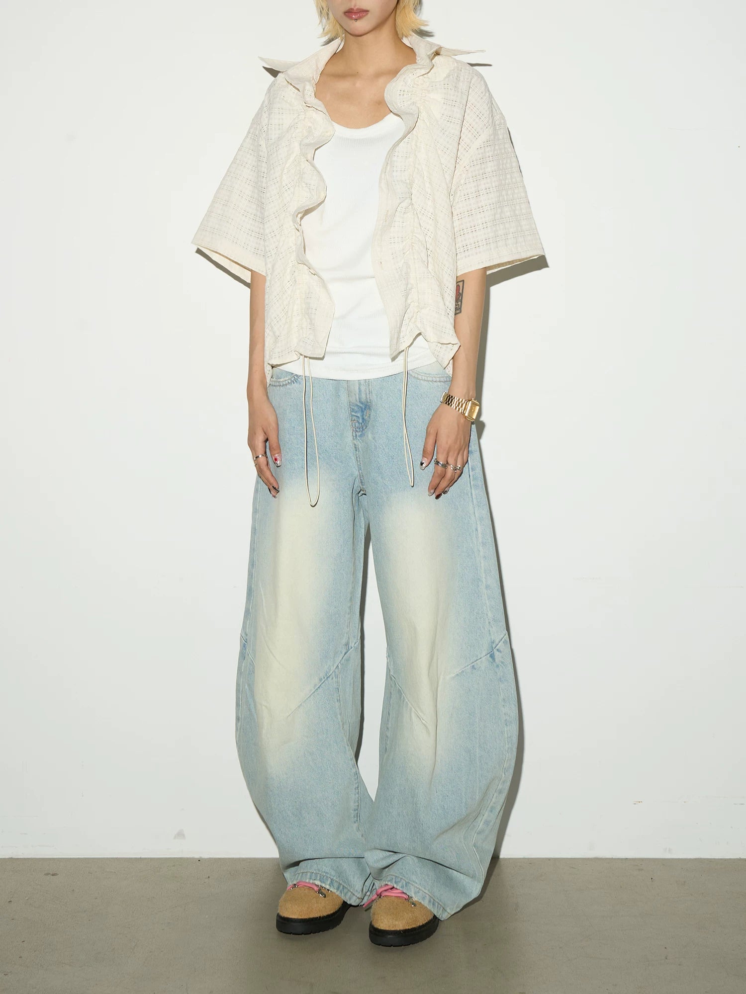 Ruffle Sheer Check Drawstring Hollow Short Sleeve Shirt