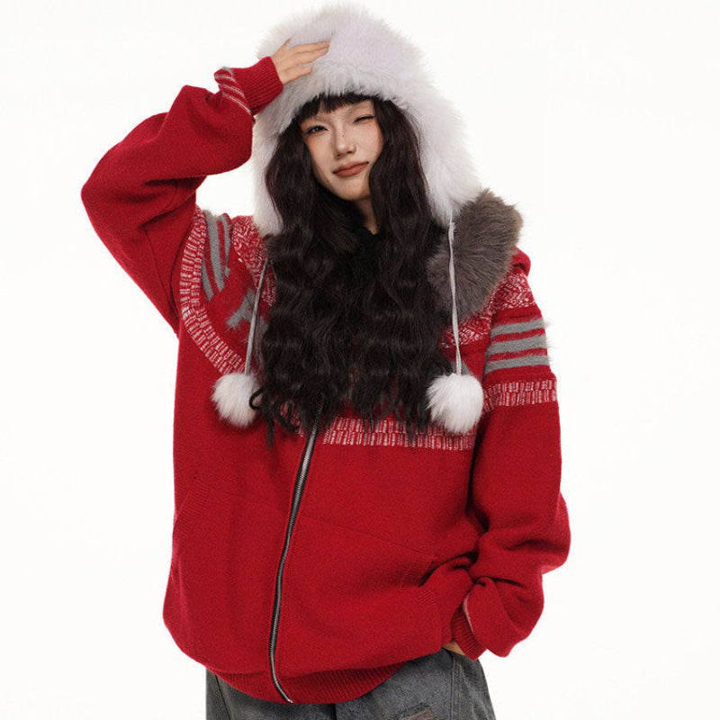Fair Isle Hooded Detachable Fur Collar Knit Cardigan