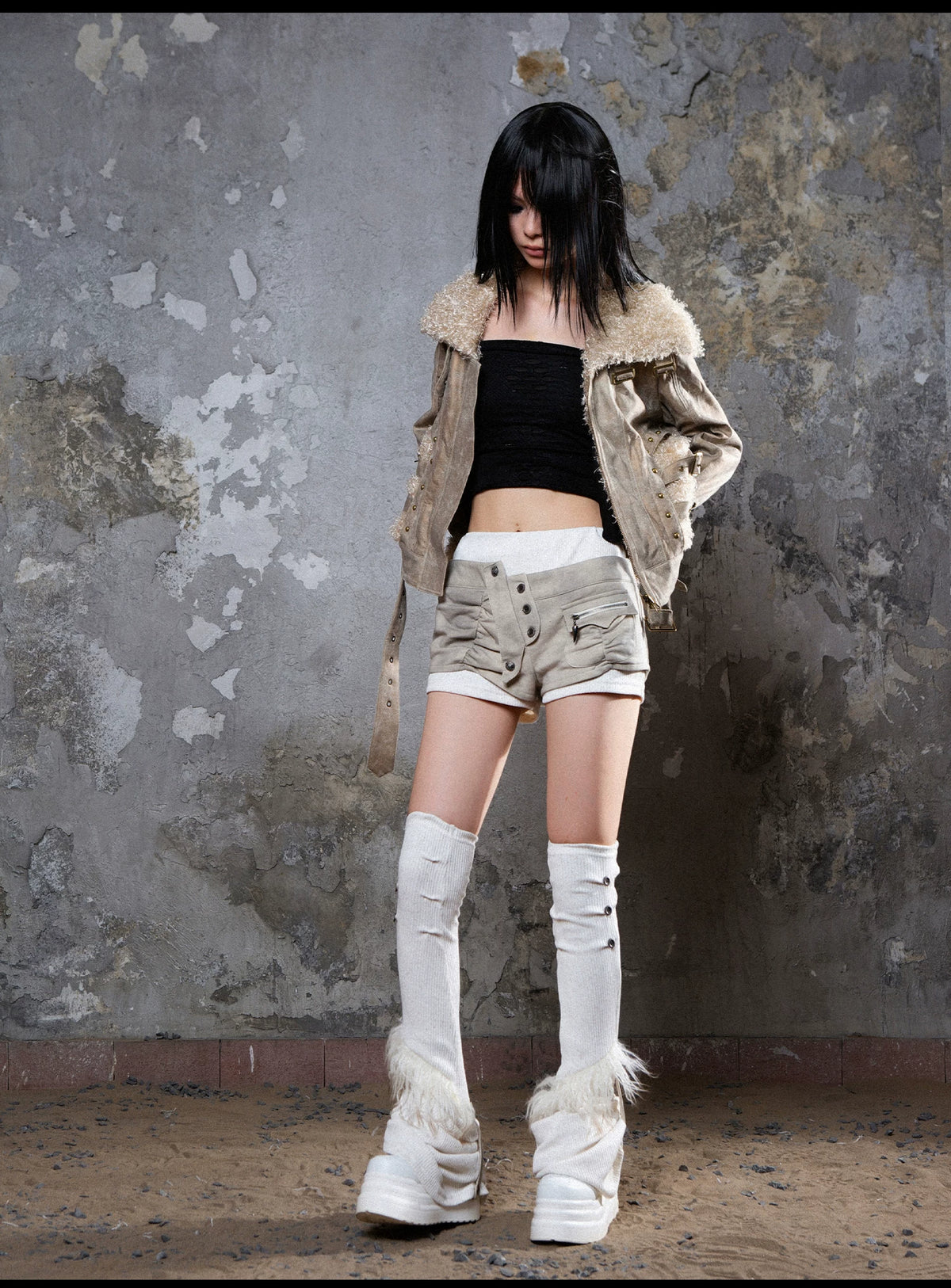 Shorts contrastants taille basse effet superposé et jambières en maille