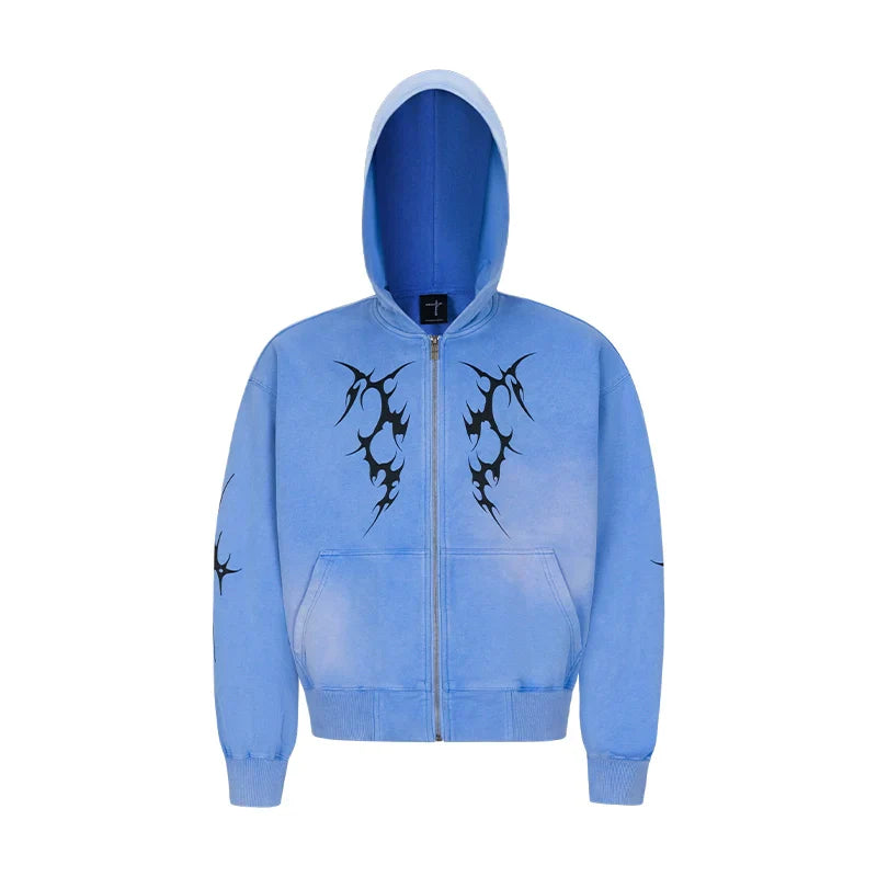 Oversize Washed Print Zipper Hoodie & Wide-leg Half Sweatpants Setup