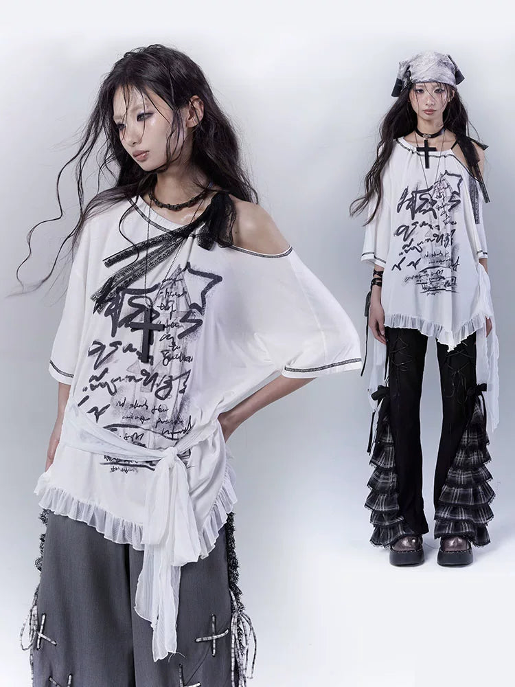 Design Print Sheer Oversize Short Sleeve T-Shirt