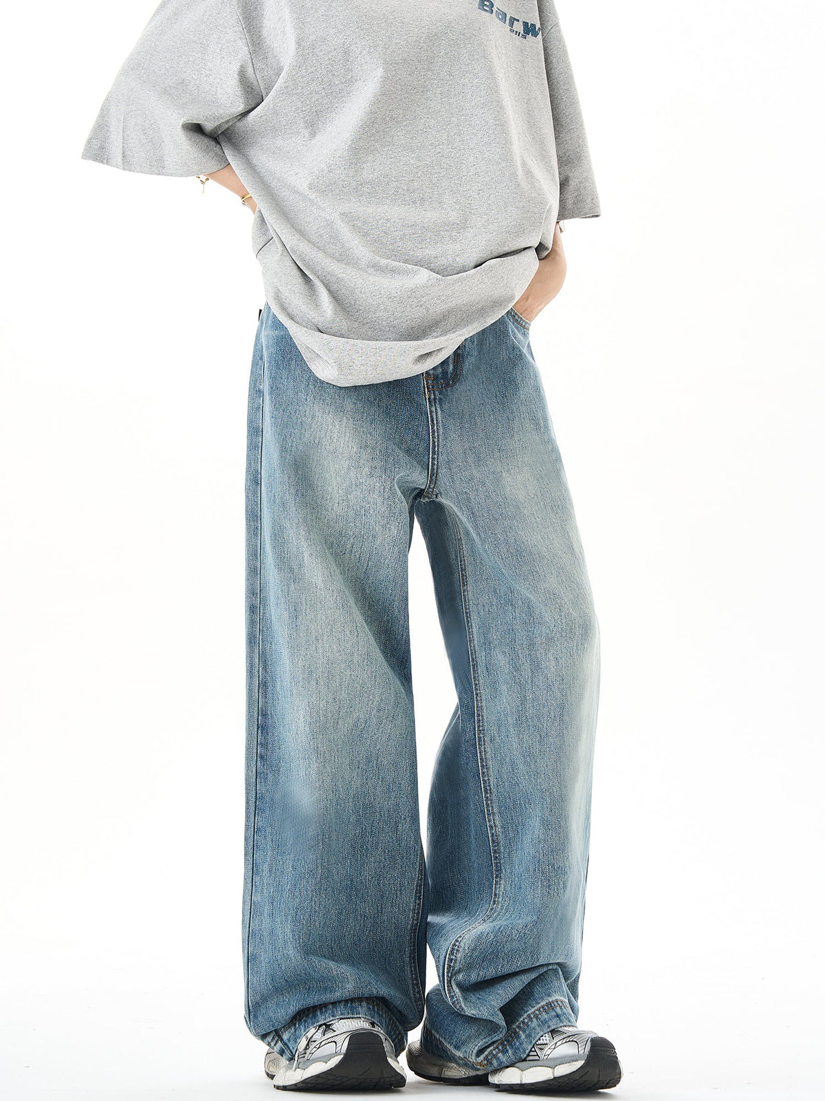Washed Wide-Leg Straight Denim Jeans
