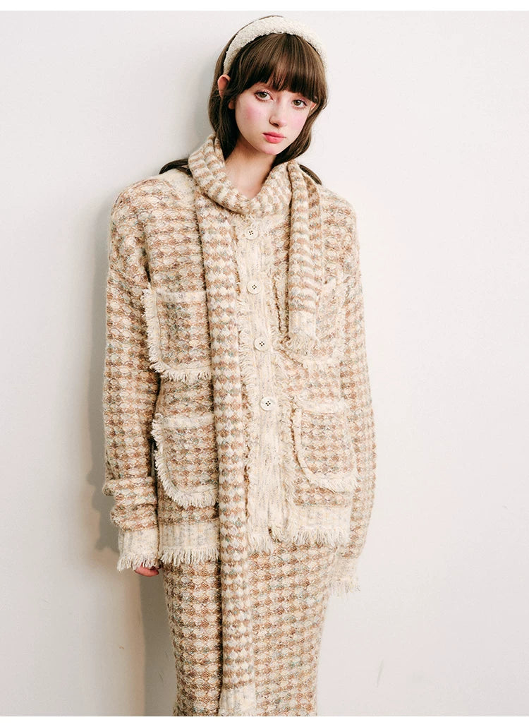 Plaid Button Cardigan & Scarf & Long Skirt Setup