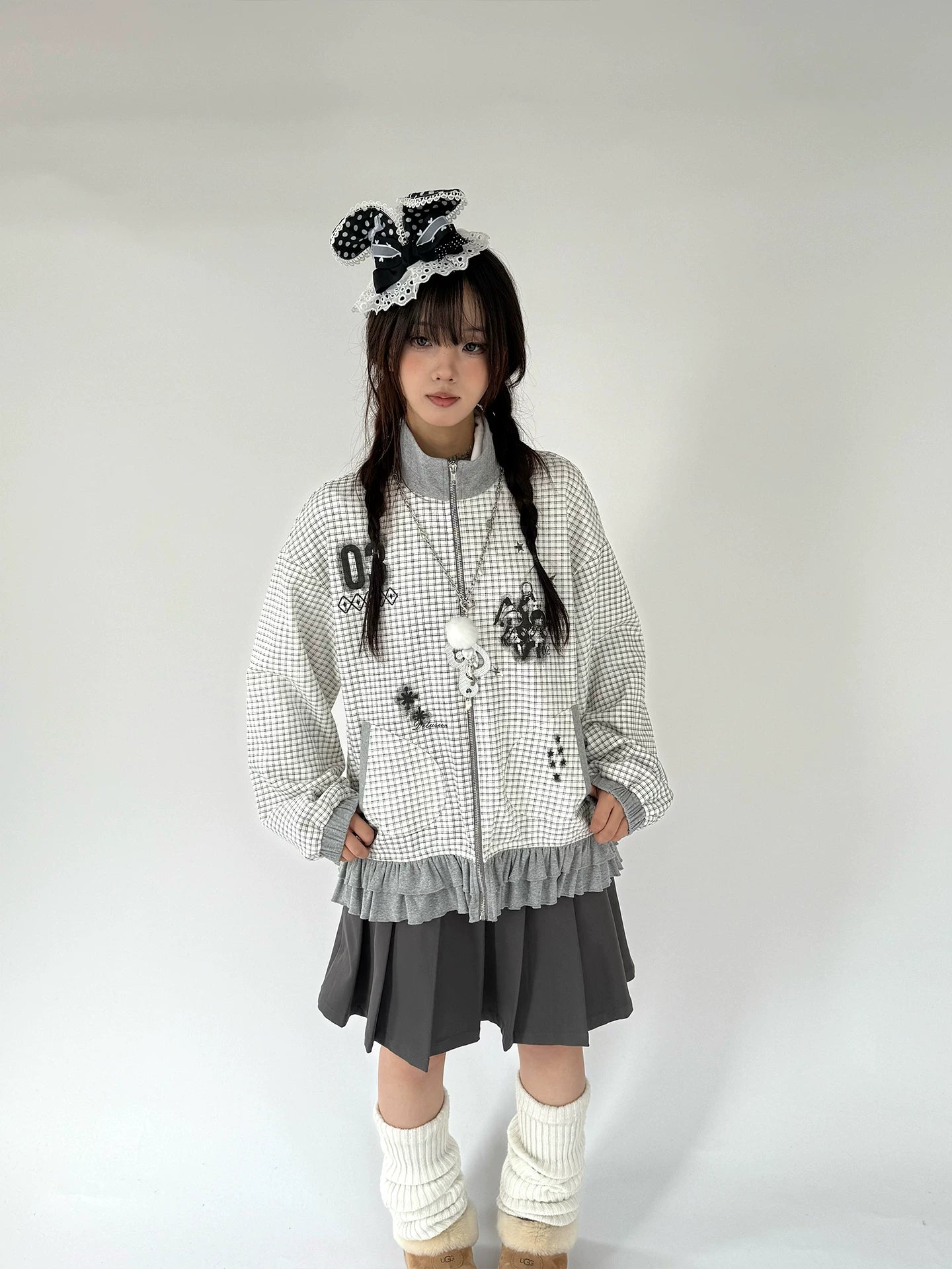 Checkered Ruffle Hem Oversize Zipper Hoodie