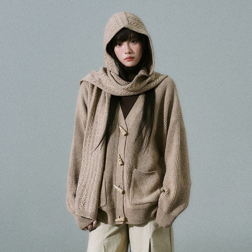 Hooded Horn Button Fleece Lining Knit Cardigan