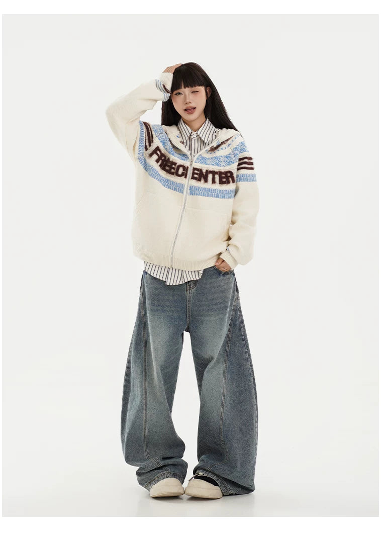 Fair Isle Hooded Detachable Fur Collar Knit Cardigan