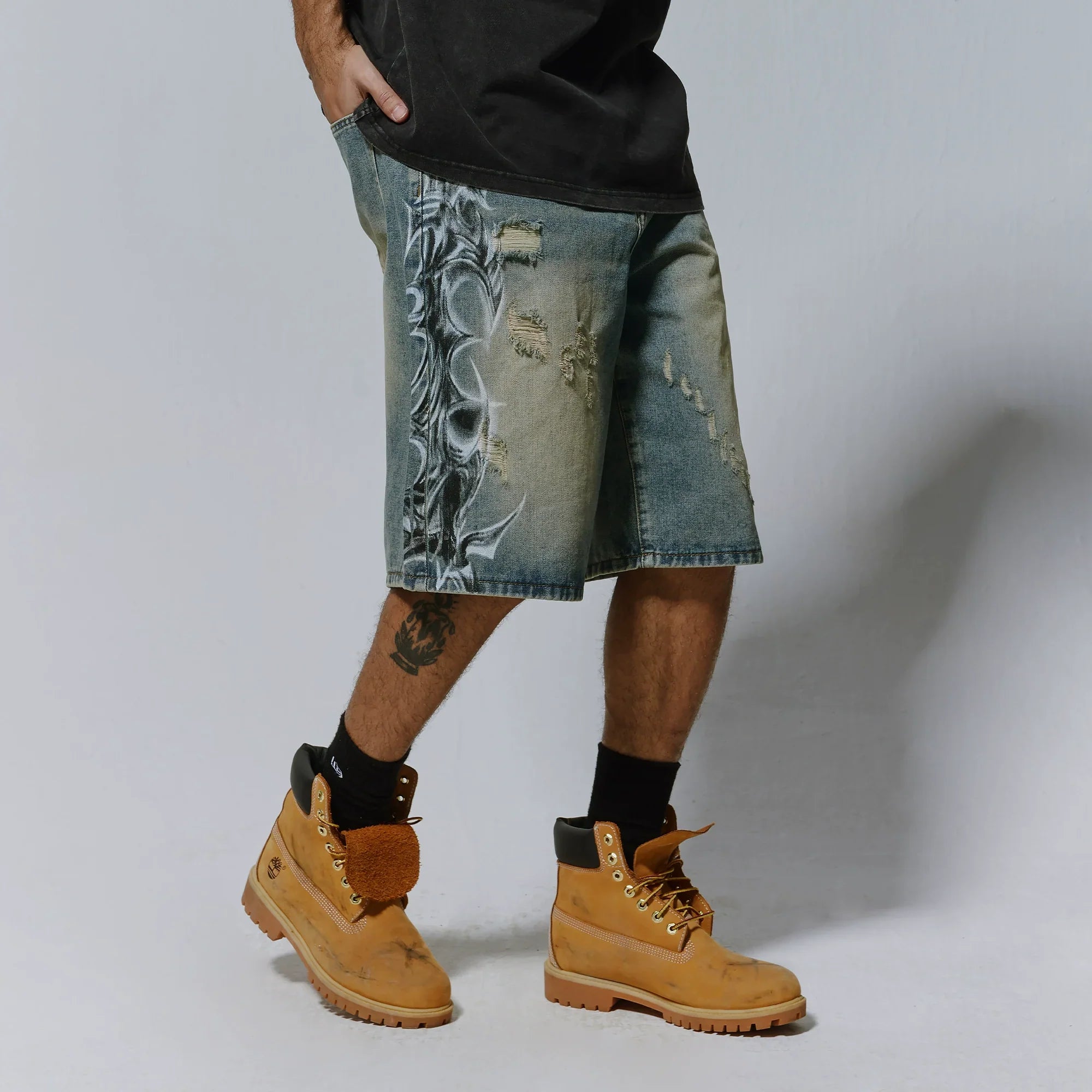 Spray Print Washed Wide Leg Denim Short Pants
