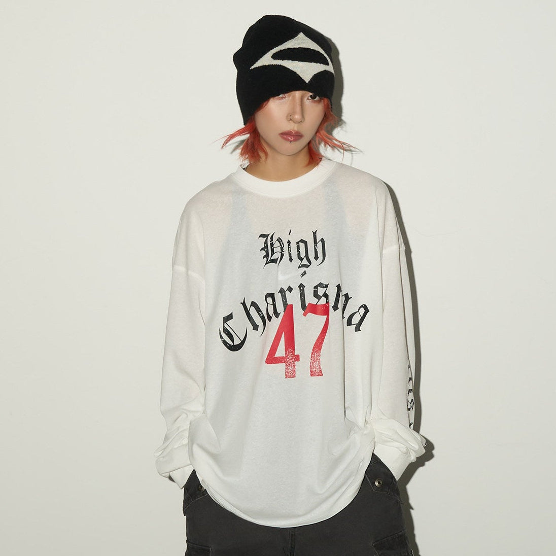 Gothic Print Damage Long Sleeve T-Shirt